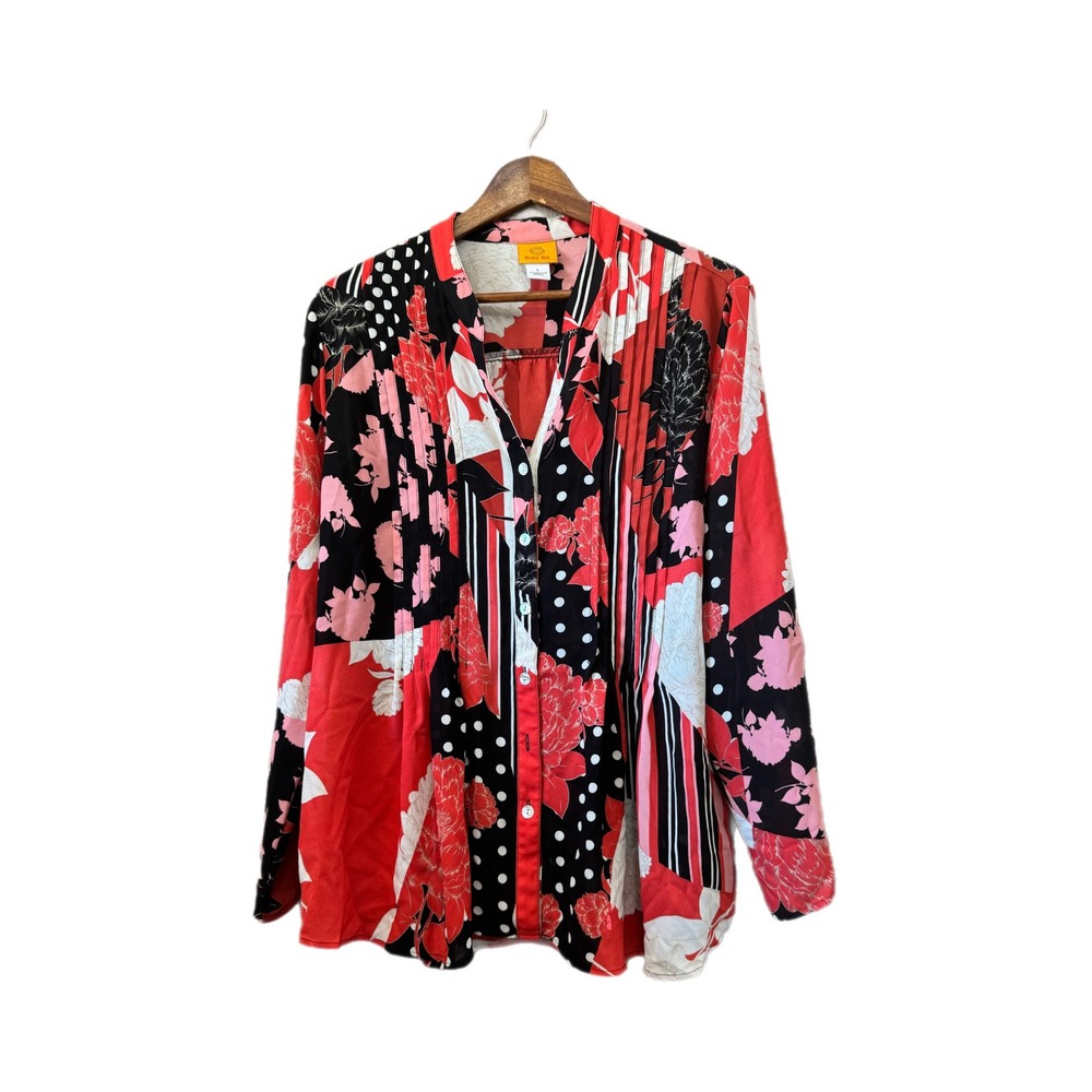 Ruby Rd Blouse Women Large Red Patchwork Excellent Pintuck Floral Button Down